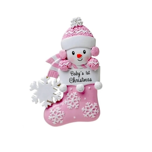 Pink resin snowman Christmas tree hanging ornament Baby's 1st Christmas keepsake