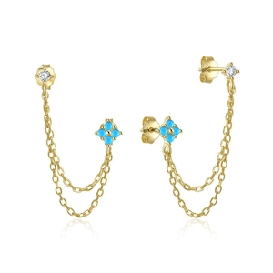 Detail of S925 gold-plated double chain earrings with turquoise flower and zircon