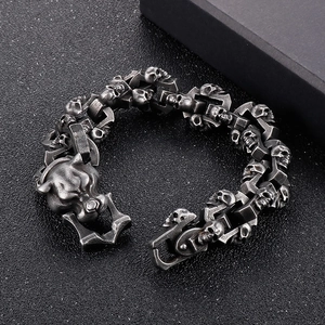 Macro detail of punk gothic skeleton links and beast head clasp in vintage steel