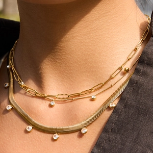 Stainless Steel Necklace For Women Gold Plated Snake Chain With Round Cubic Zirconia Pendant Minimalist Dainty Jewelry