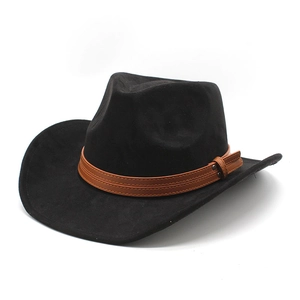 Classic black faux suede western cowboy hat with brown leather band and metallic studs
