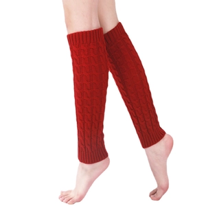 Red cable knit leg warmers for women featuring classic vertical ribbed textures