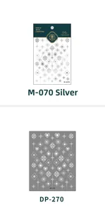 Macro view of M-070 silver heart and floral embossed nail stickers with DP-270 white star decals