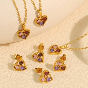Luxury Stainless Steel Heart Necklace And Earrings For Women Colorful Zirconia Inlaid Gold Plated Fashion Jewelry Gifts