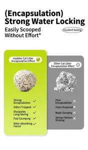Comparison showing firm clumping and odor control efficiency of Madden mixed cat litter