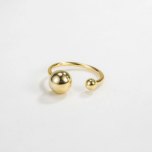 Polished S925 sterling silver open ring featuring minimalist double golden beads
