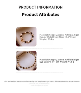 Detailed specs for gold-plated tiger eye necklace and bracelet with zircon and pearl details