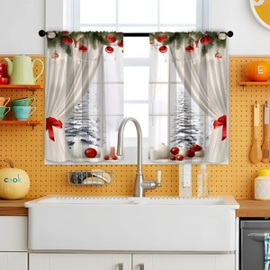 Detail of Christmas kitchen curtains with 3D digital print of red ornaments and pine trees