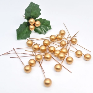 Baies dorées artificielles de 10mm avec feuilles vertes pour décorations de Noël et artisanat