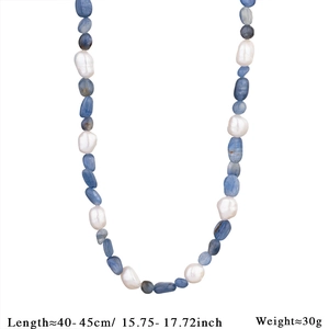 Detail view of natural blue stones and baroque pearls necklace with 40-45cm length