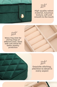 Detail view of emerald green velvet jewelry box with quilted texture and ring slots