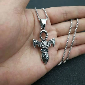 Retro stainless steel necklace with Ankh cross and Eye of Horus pendant on box chain