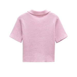 Rear view of pink short-sleeved knitted polo shirt with ribbed hem and sleeve cuffs