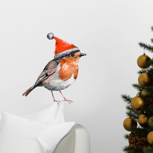 Festive watercolor robin wall sticker with a red Santa hat for Christmas home decoration