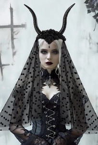 Detail of gothic black horns headband with dark floral accents and dotted mesh veil