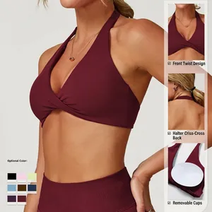 Soutien-gorge de sport dos nu bordeaux avec design torsadé pour yoga et fitness