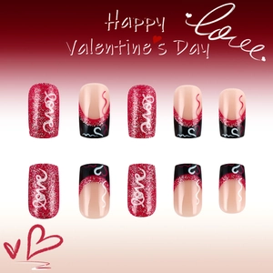 Korte glanzende Valentijn kunstnagels met Love-letters en rode glitter hartontwerpen