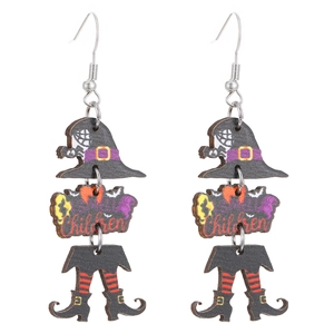 Detail of wooden witch earrings with 'Smell Children' text and striped legs for Halloween