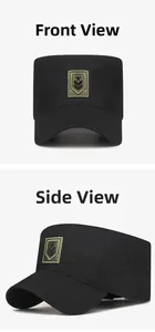 Detailed front and side view of black cadet cap with embroidered shield military patch