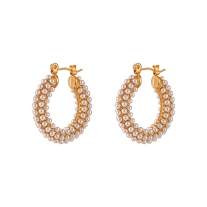 Elegantly pavé pearl hoop earrings featuring an 18k gold plated stainless steel finish