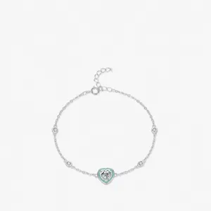 925 Sterling Silver Heart Pendant Bracelet Mint Green Enamel Cubic Zirconia Adjustable Jewelry For Women