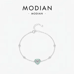 925 Sterling Silver Heart Pendant Bracelet Mint Green Enamel Cubic Zirconia Adjustable Jewelry For Women