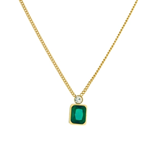 Gold-plated stainless steel necklace with green emerald-cut gem and clear zircon