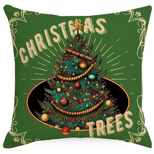 Vintage green Christmas tree pillow cover with rustic illustration and festive text