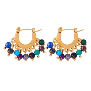 Boucles D'oreilles Créoles Bohèmes En Perles D'agate Colorées Acier Titane Plaqué Or Martelées Rétro Ethnique Pour Femme