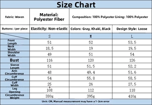 Detailed size chart for women's flight jacket showing S to L dimensions in centimeters