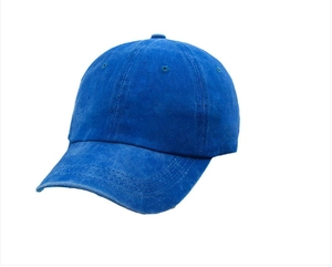 Detailed view of dark blue washed cotton baseball cap with vintage distressed texture