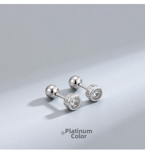Close-up of S925 sterling silver stud earring with bezel-set round sparkling zircon