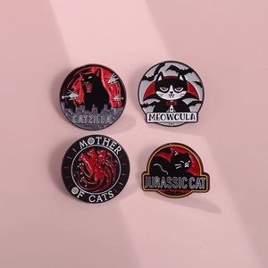 Funny movie parody cat enamel pin set featuring Catzilla and Meowcula designs