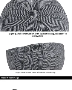 Detail of herringbone newsboy cap showing stitched crown and adjustable back elastic