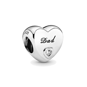 Detailed close-up of S925 sterling silver heart charm with Dad engraving and small gem