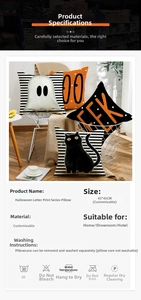 Detail of Halloween cat and ghost linen pillow covers showing 45x45cm size specs