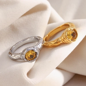 Stainless Steel Ring With Irregular Lava Texture Round Champagne Cubic Zirconia 18K Gold Plated Niche Minimalist Jewelry Women