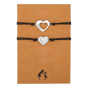 Stainless Steel Braided Rope Bracelet Mother Daughter Heart Pendant Adjustable Friendship Wish Bracelets With Card For Women Girls