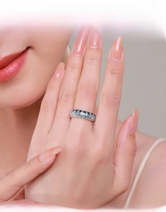 Detailed view of sterling silver ring featuring three rows of blue and clear crystals