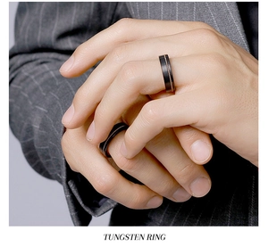 Close-up of black matte tungsten ring with gold wire inlay worn on finger