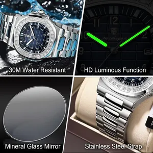 Luxury men's quartz watch with blue checkered dial and diamond-set octagonal bezel