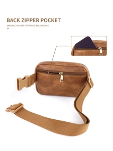 Detailed view of back zipper pocket on brown nylon waist bag for secure phone storage