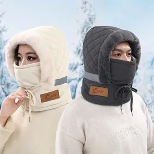 Winter Balaclava Hat Faux Fur Lined Windproof Warm Integrated Face Mask Neck Warmer Outdoor Skiing Cycling Quilted Unisex