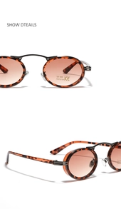 Detail view of vintage oval sunglasses with leopard frames and UV400 protection