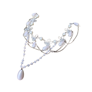 French vintage multi-layer necklace with butterfly pendant and white teardrop pearls