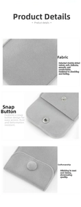 Detail of grey velvet jewelry pouch with metal snap button and fine stitching texture