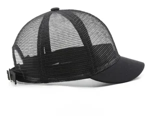 Side view of black mesh trucker hat showing breathable polyester fabric and metal buckle