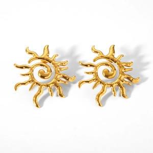 Golden sun-shaped stainless steel stud earrings with spiral center and polished sunburst rays