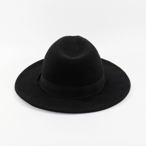 Classic black wide brim wool felt fedora hat with elegant matching ribbon band