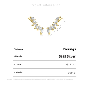 Detailed specs of S925 sterling silver leaf ear climber with marquise cut zirconia studs